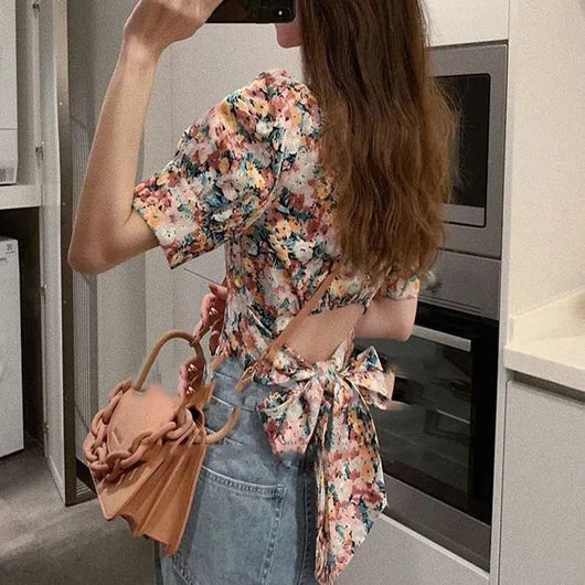 Blusa Retro Cuello Halter Floral Corta de Verano - Image 5
