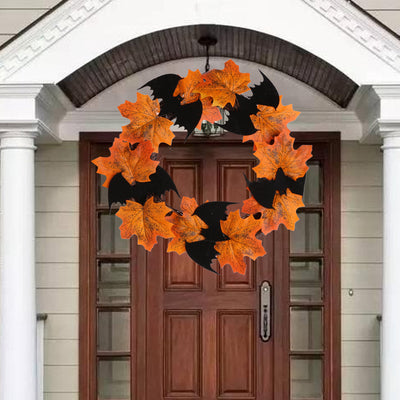 Corona Decorativa Halloween con Murciélagos y Hojas de Arce - Naranja
