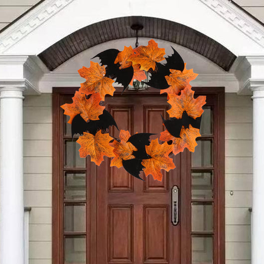 Corona Decorativa Halloween con Murciélagos y Hojas de Arce - Naranja