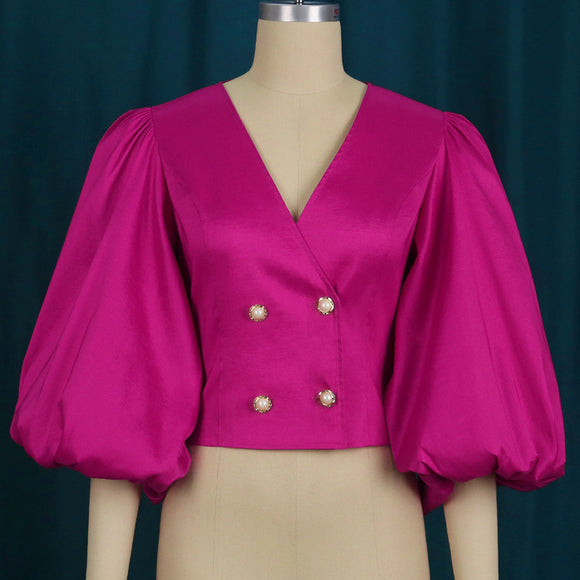 Cardigan Cropped Ajustado con Cuello V y Mangas Globo para Mujer