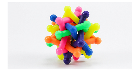 Colorful rainbow pet chew toy ball made of soft rubber with an interlocking design and an internal bell. - Image 8