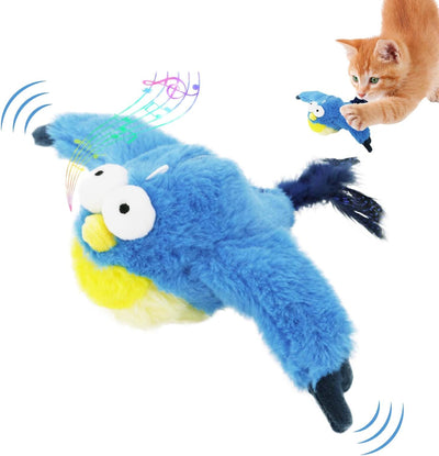 Plush brown and white bird cat toy with yellow accents, a feather tail, and a black clip on its back. - Image 2