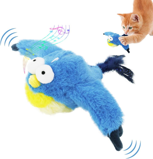 Plush brown and white bird cat toy with yellow accents, a feather tail, and a black clip on its back. - Image 2