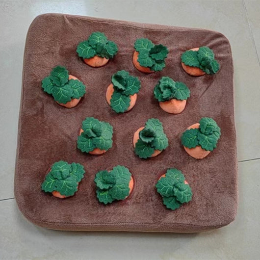 Brown plush snuffle mat with ten orange carrot-shaped toys, each with green leafy tops, for pet foraging and play. - Image 5
