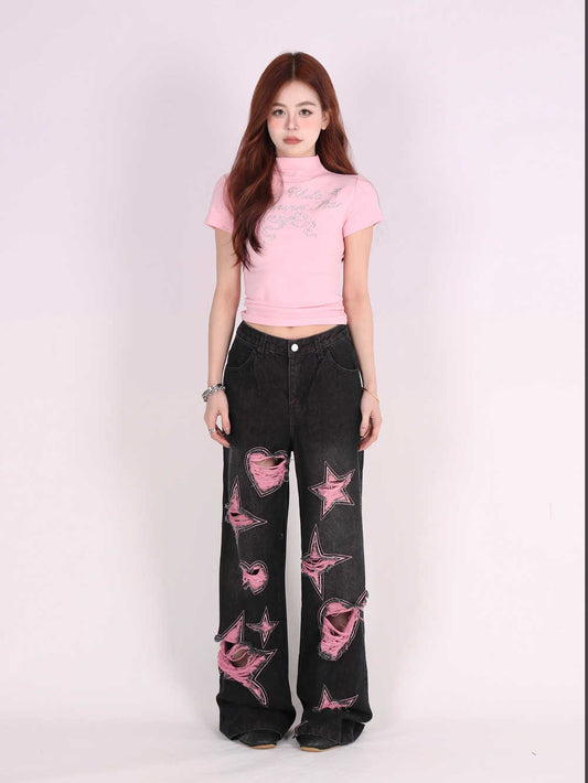 Pantalones Vaqueros Anchos Vintage Desgastados Love - Image 2