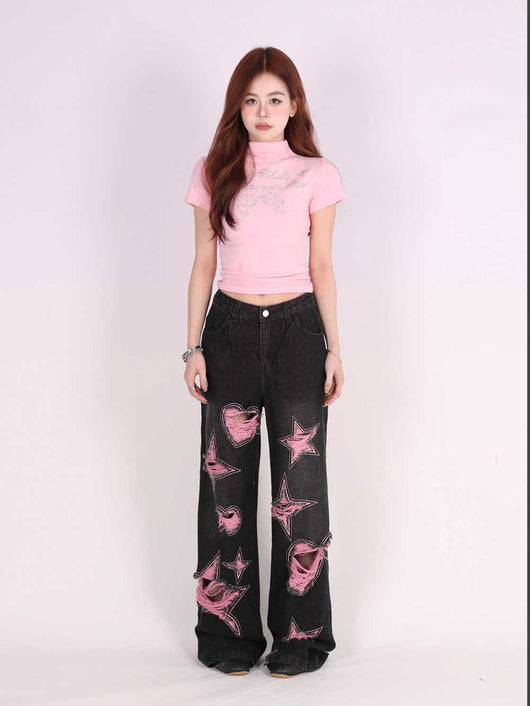 Pantalones Vaqueros Anchos Vintage Desgastados Love - Image 2