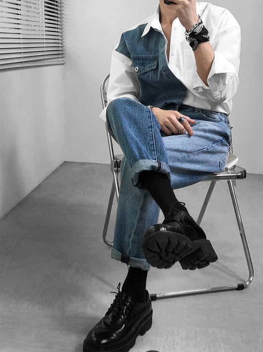 Camisa Denim Primavera con Empalmes de Diseño para Hombre - Image 8