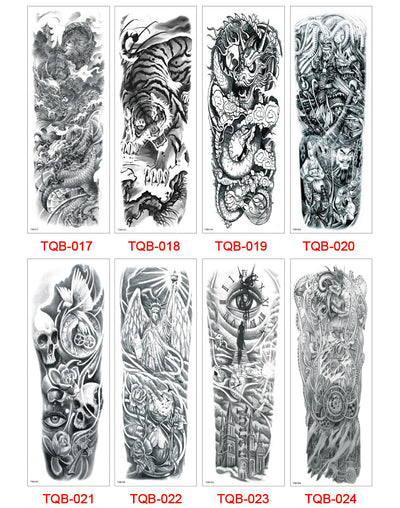 Full arm temporary tattoo sticker with a black, red, and light blue tribal design, featuring abstract shapes and patterns. - Image 62