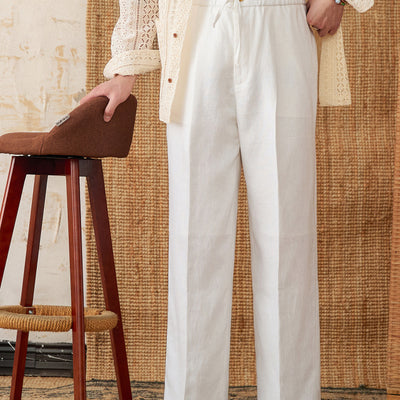 Pantalones de Lino Sueltos Cintura Alta con Cordones