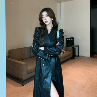 Abrigo Trench de Cuero Elegante para Mujer con Cintura Ajustable y Cordones - Image 4