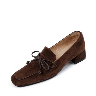 Zapatos de Tacón Grueso con Punta Cuadrada y Moño - Comodidad Premium en Cuero Dividido - Image 5