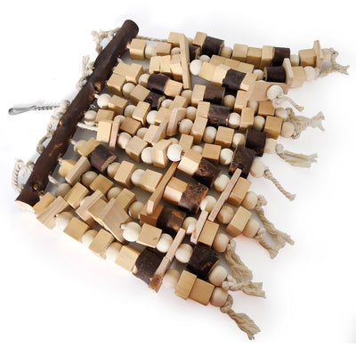 Colorful wooden parrot bite toy with a natural branch hanger and multiple strings of beads and blocks. - Image 8