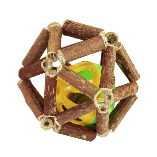 Natural catnip ball toy with a geometric cage made of dark and light brown wooden sticks for cats. - Image 7