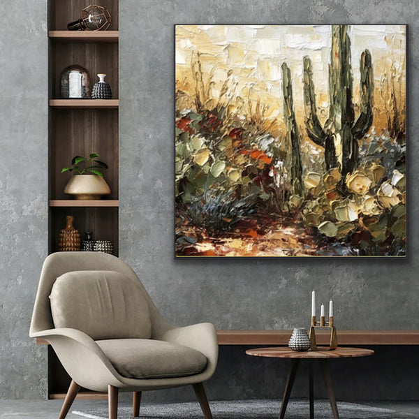 Cuadro de Arte Óleo Hecho a Mano - Flores y Cactus con Técnica Espátula