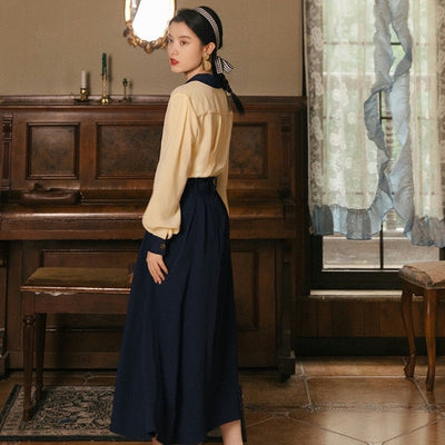 Conjunto Elegante Retro: Blusa de Temperamento y Falda Azul Marino - Image 3