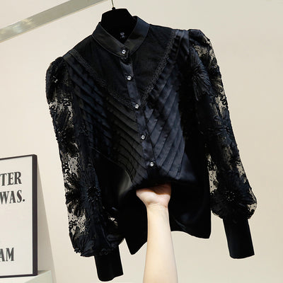 Blusa Semitransparente con Cuello de Pie y Encaje Delicado - Image 11