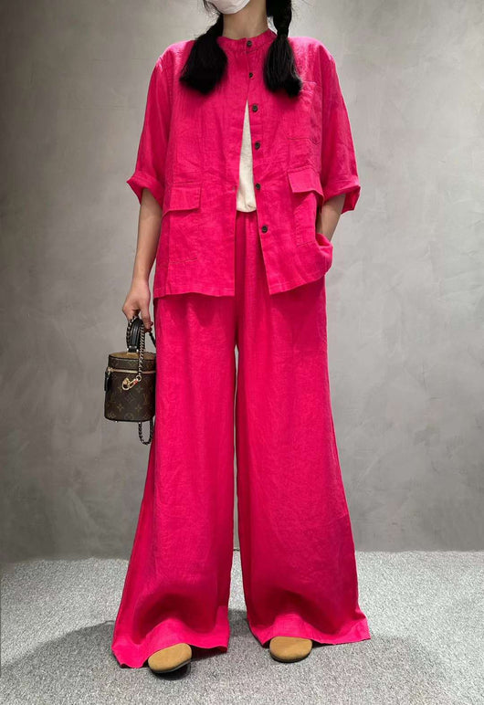Conjunto de Lino Casual: Camisa Manga Corta y Pantalón de Color Liso - Image 8