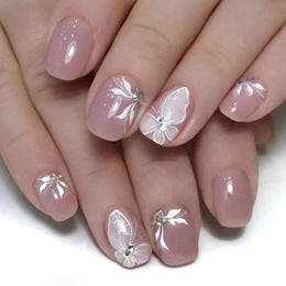 Set de 24 Uñas Postizas con Diseños de Mariposas, Flores y Estampado Vaca con Cristales - Image 12