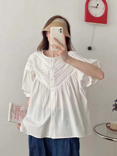 Blusa Clásica de Encaje Cuello Redondo Manga Corta - Image 19