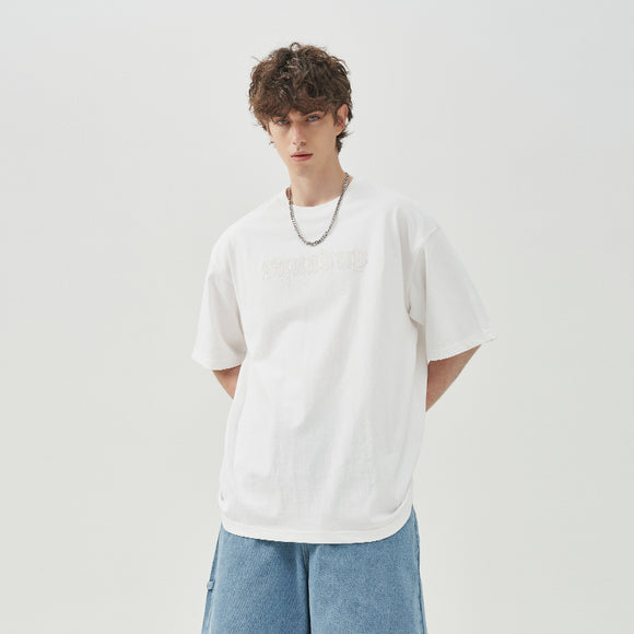 Camiseta Manga Corta de Cuero con Parches y Costuras Anchas para Hombre