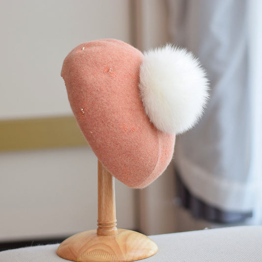 Gorro Vintage de Lana con Pompón de Pelaje de Zorro para Otoño e Invierno