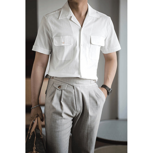 Camisa Retro Seersucker de Color Sólido con Cuello Cubano Británico - Image 2