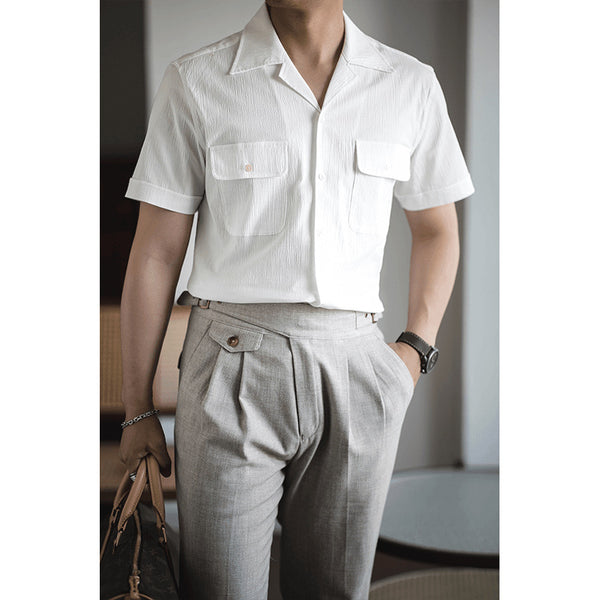 Camisa Retro Seersucker de Color Sólido con Cuello Cubano Británico