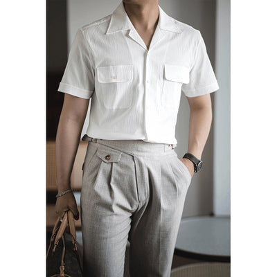 Camisa Retro Seersucker de Color Sólido con Cuello Cubano Británico - Image 2