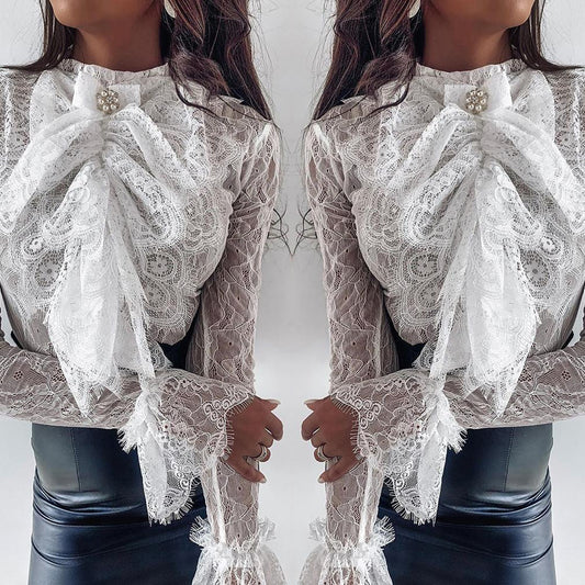 Blusa Ajustada de Encaje con Mangas Largas para Mujer