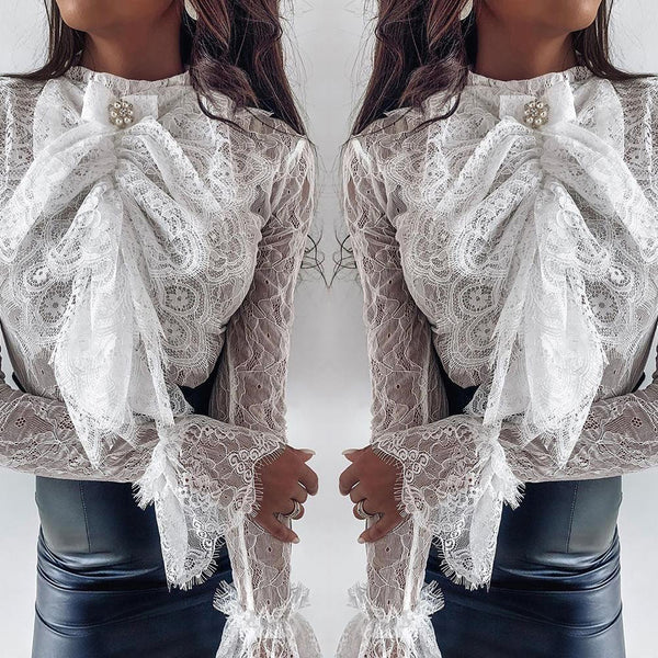 Blusa Ajustada de Encaje con Mangas Largas para Mujer