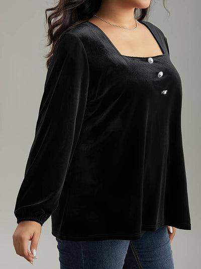Blusa de Terciopelo Cuello Cuadrado Manga Larga Elegante y Suelta - Image 10