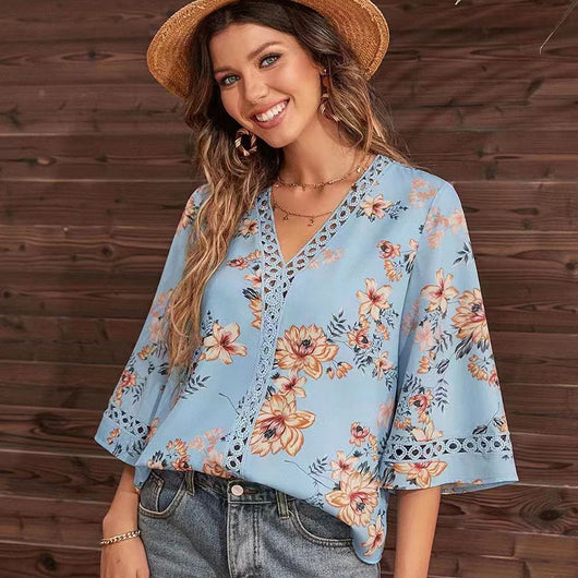 Blusa Elegante Suelta con Escote en V y Mangas Acampanadas de Encaje - Image 12