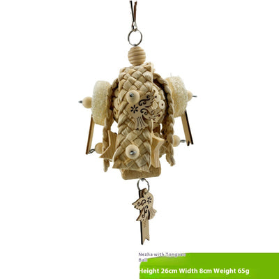 Natural ricepaperplant pith ball gnawing toy for parrots, featuring a braided top, wooden star, and 'short hair girl' design. - Image 5
