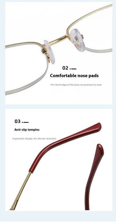 Gold half-rim anti-blue light reading glasses with red decorative temples and +1.50 magnification. - Image 8