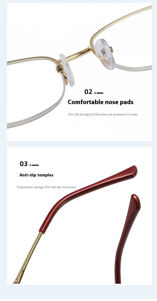 Gold half-rim anti-blue light reading glasses with red decorative temples and +1.50 magnification. - Image 8