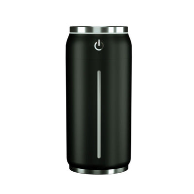 Black mini USB car humidifier shaped like a soda can, with a silver top and power button, and a white water level indicator. - Image 4