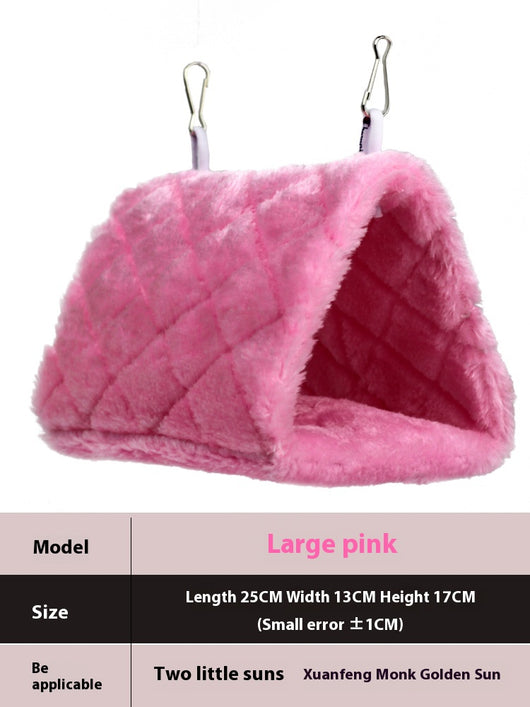 Small pink quilted plush bird's nest hammock with two metal hooks, ideal for parrots and small birds. - Image 8