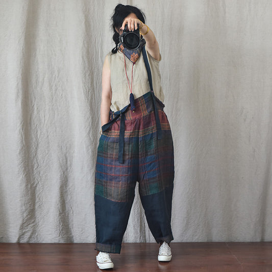 Pantalones de Lino con Tirantes y Patchwork Moderno