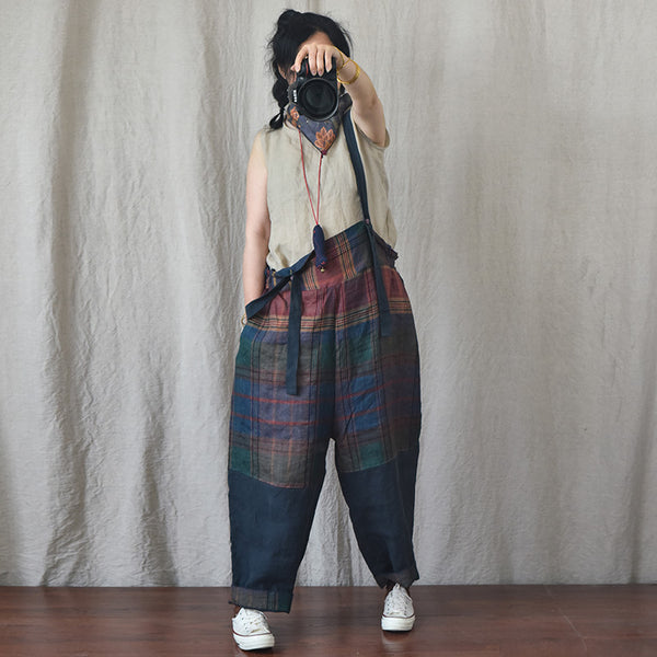 Pantalones de Lino con Tirantes y Patchwork Moderno
