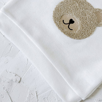 White long-sleeve baby hoodie with a brown bear print and matching ribbed beige sweatpants set. - Image 9