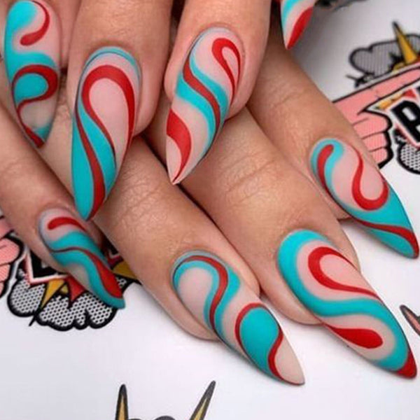 Pegatinas de Uñas Arcoíris Forma Almendra con Líneas Coloridas