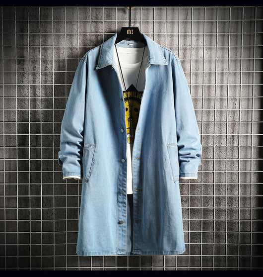 Abrigo Tipo Trench Denim Hombre Largo Casual Suelto - Image 13