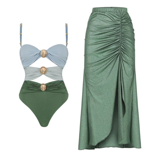Pink, black, and dark gray color-block one-piece swimsuit with gold round buckles and a sheer black maxi skirt. - Image 2