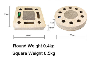 Round corrugated cardboard cat scratcher with a central scratching pad and multiple holes containing colorful balls. - Image 6