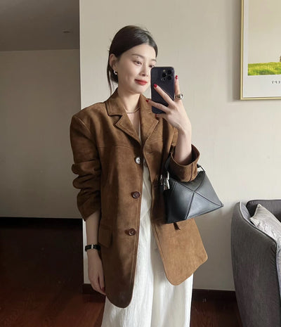 Blazer de Cuero Retro Marrón para Mujer - Image 18