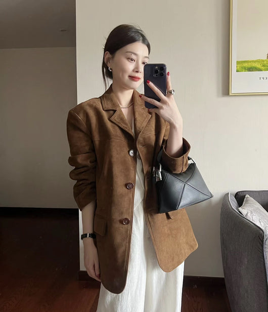 Blazer de Cuero Retro Marrón para Mujer - Image 18