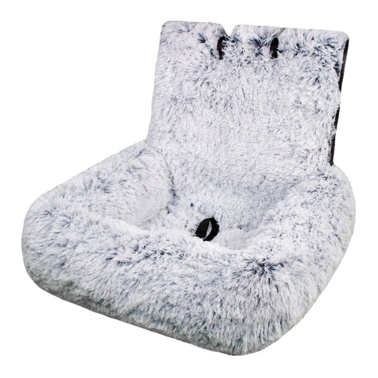 Dark gray plush pet bed with a high back and safety leash, designed for indoor use or as a car seat pad. - Image 8