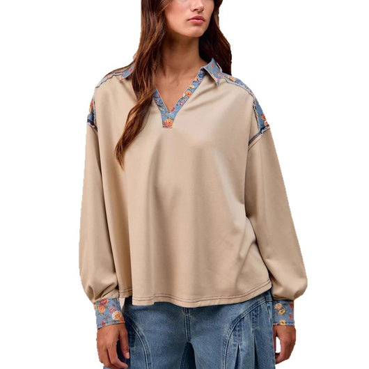 Sudadera Holgada Estilo Francés con Solapa y Patchwork para Mujer - Image 5