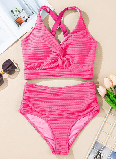 Women's teal ribbed two-piece swimsuit featuring a halter neck top with twisted front and high-waisted bottoms. - Image 41