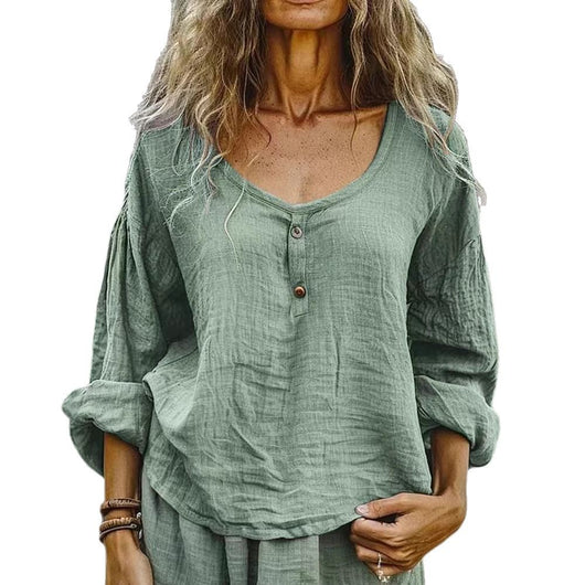 Blusa Lino Suelta Casual Manga Larga Color Sólido para Mujer - Image 5